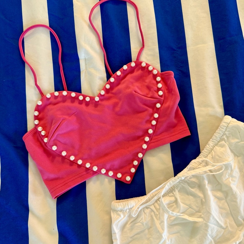 SHEIN Pink Heart Camisole with Pearl Accents